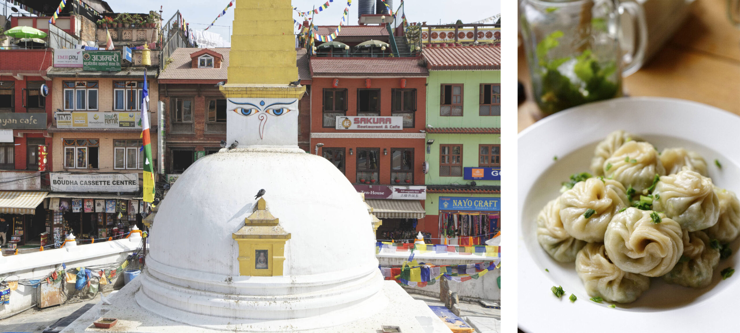 Petit stupa et assiette de momos à Bodnath