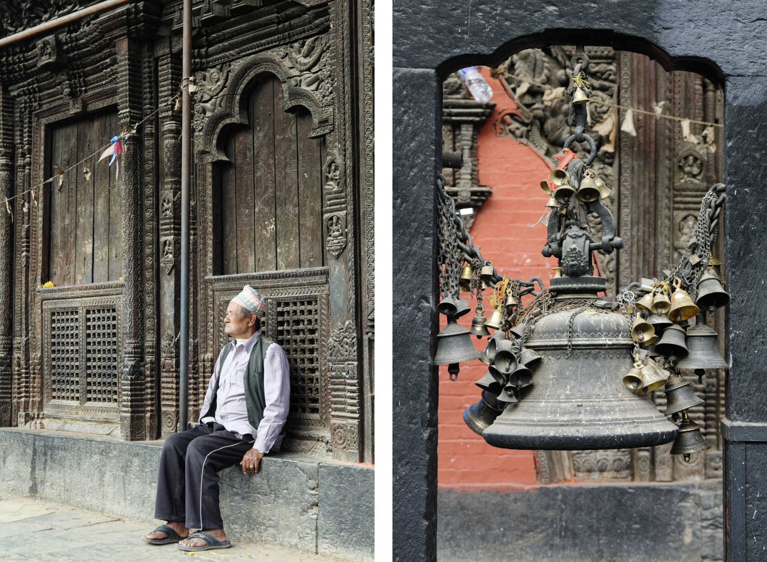 Vieil homme assis devant un temple de Patan