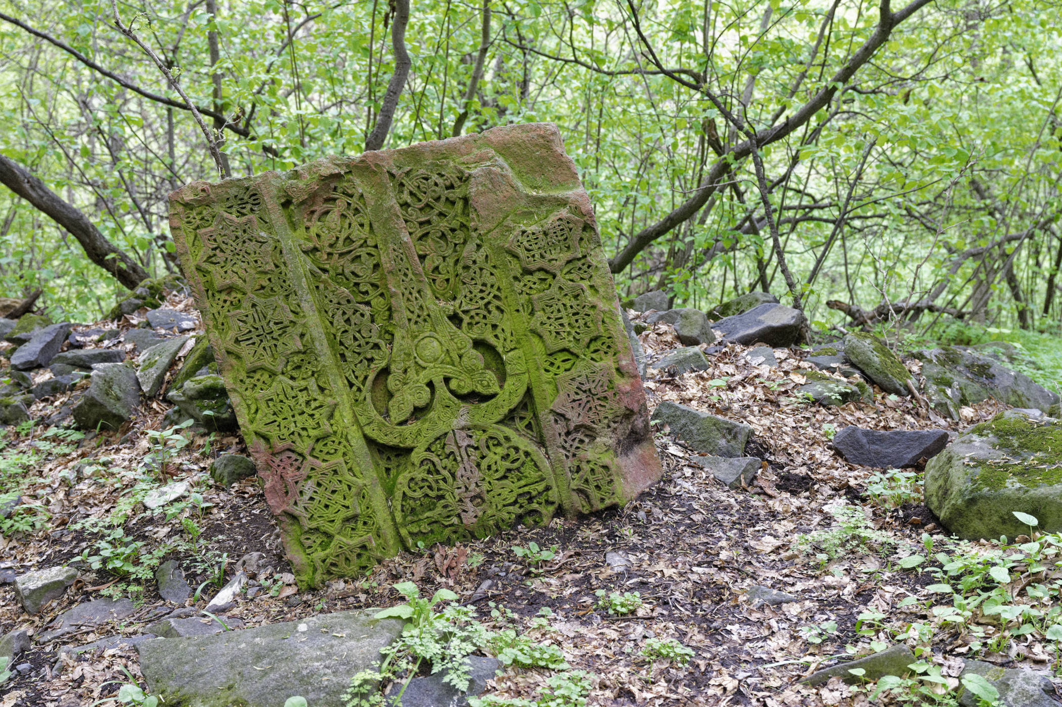 Khachkar recouvert de mousse dans la forêt
